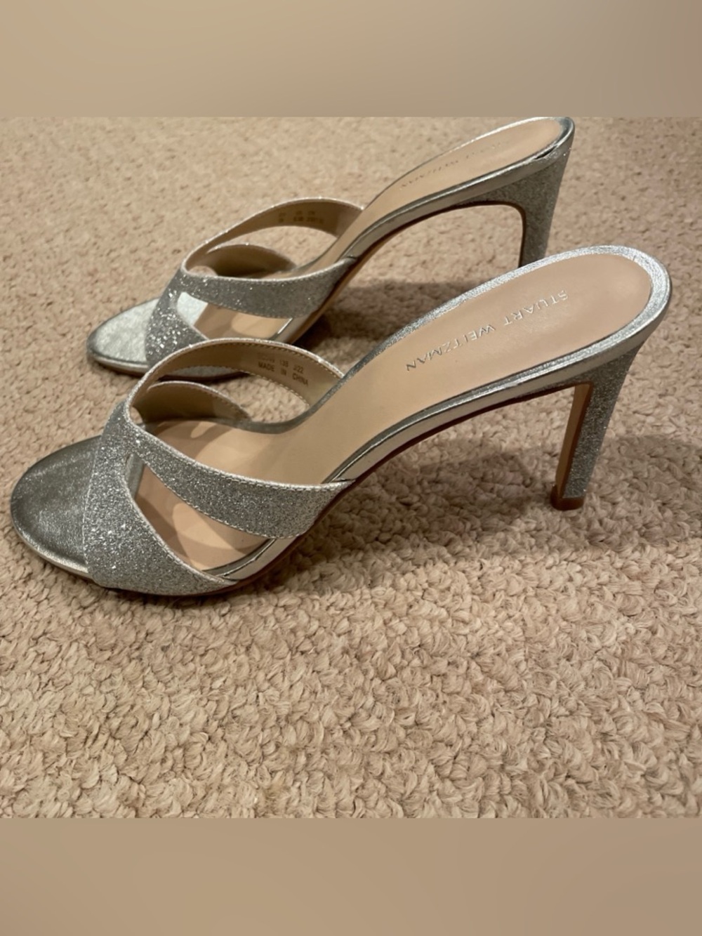 Stuart Weitzman Silver Glitter Slide Sandals size 8.5